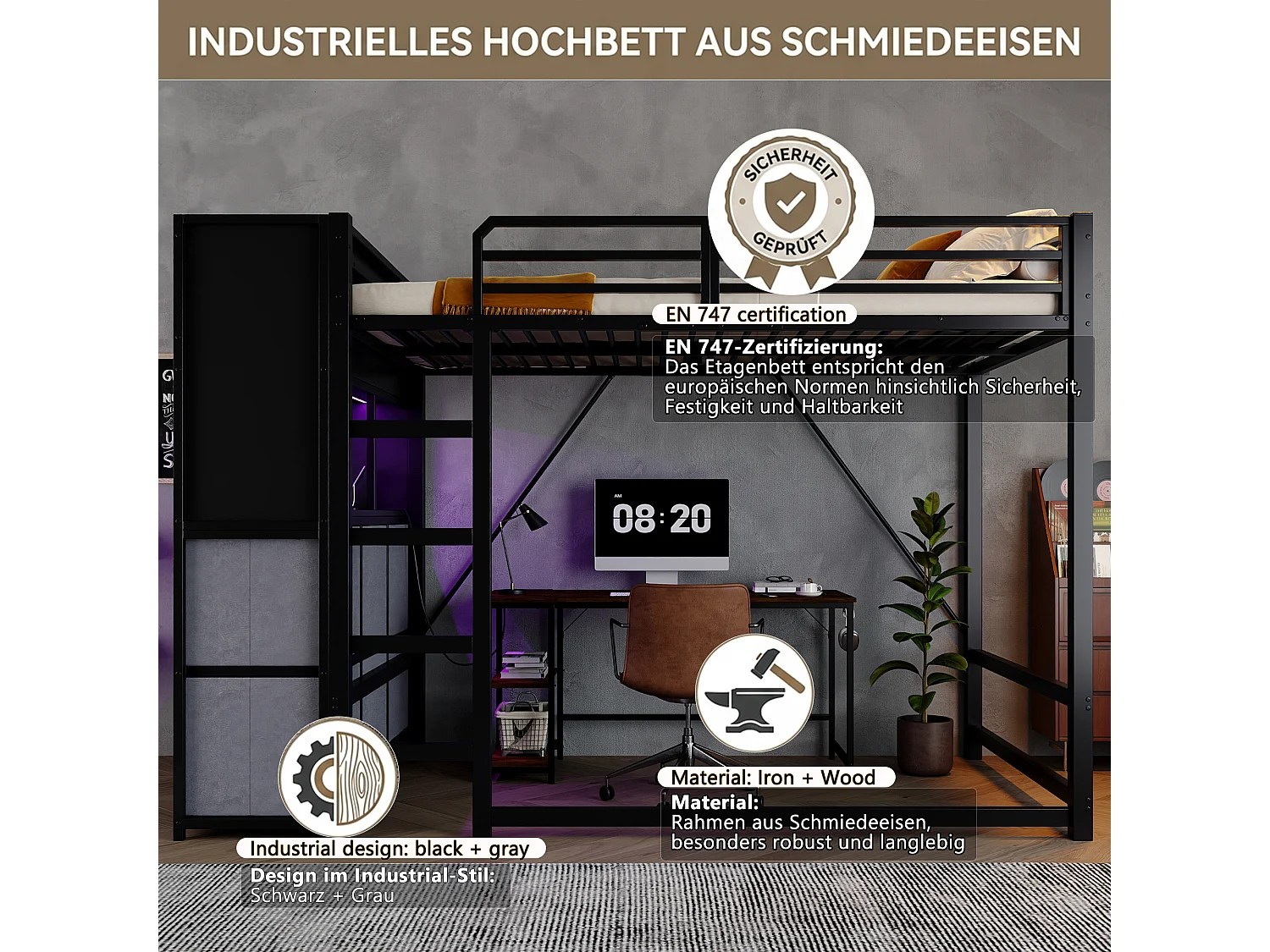 Lit mezzanine 120 x 200 cm avec échelle, 6 tiroirs en tissu, LED et ports USB - Métal - Noir (sans matelas)