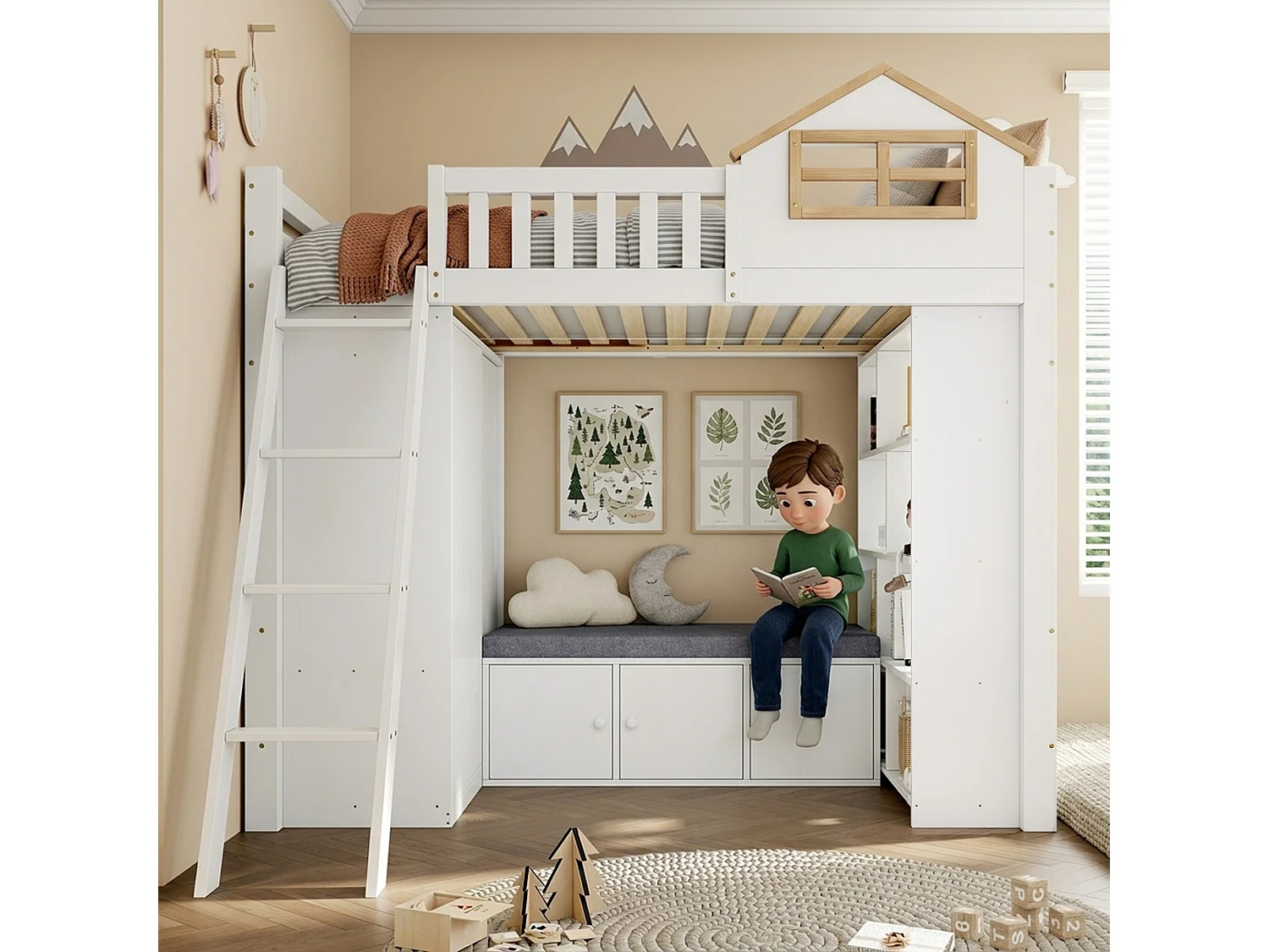 Letto a soppalco 90 x 200 cm con armadio, mensole e panca contenitore - Pino, MDF - Bianco e naturale (materasso non incluso)