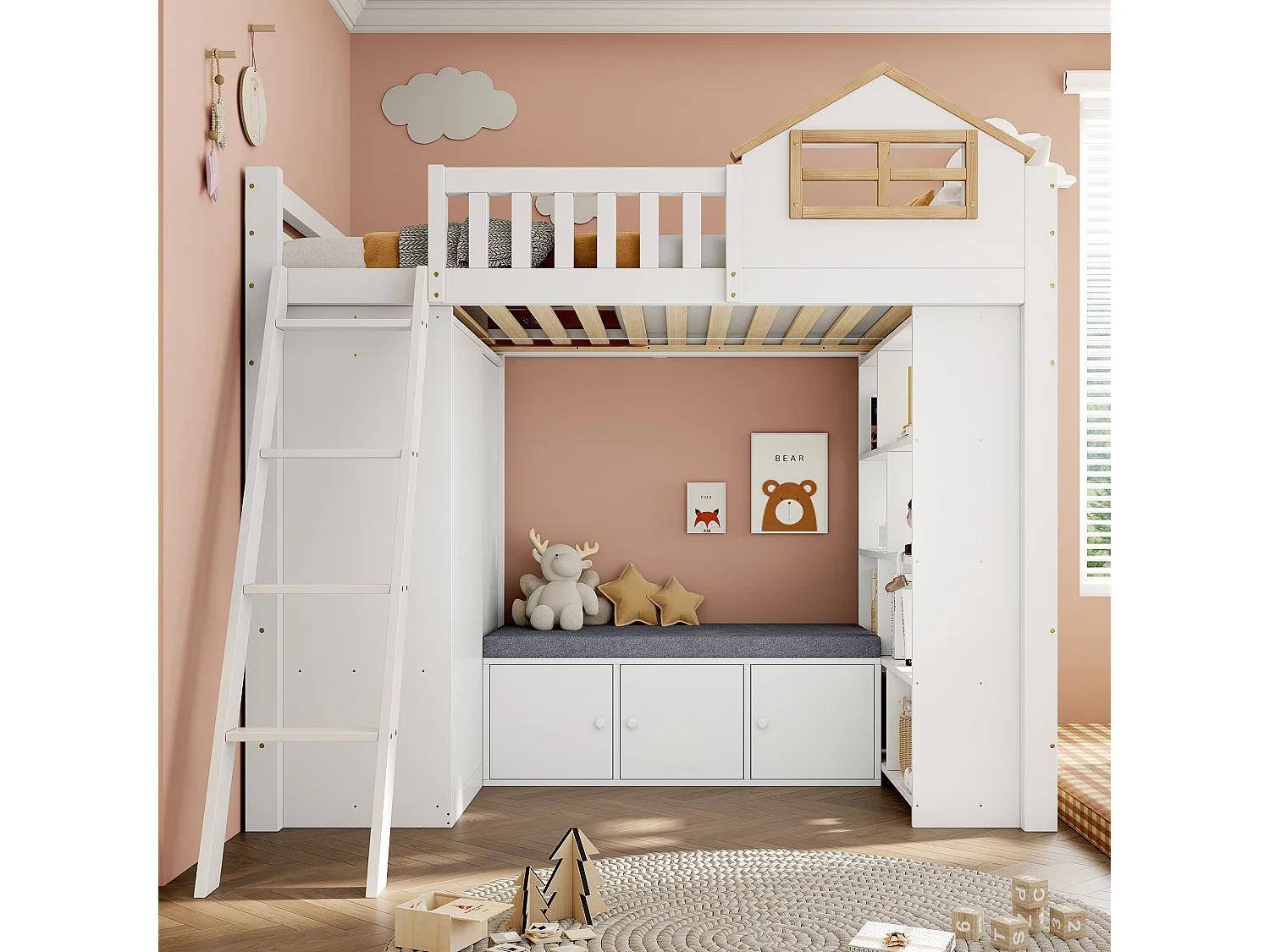 Letto a soppalco 90 x 200 cm con armadio, mensole e panca contenitore - Pino, MDF - Bianco e naturale (materasso non incluso)