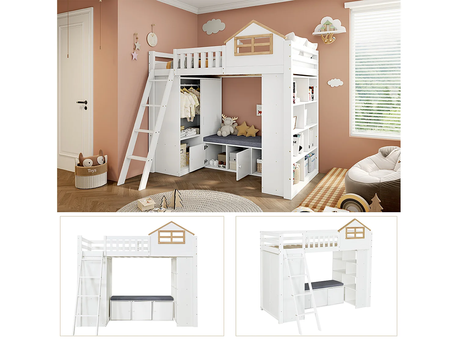 Letto a soppalco 90 x 200 cm con armadio, mensole e panca contenitore - Pino, MDF - Bianco e naturale (materasso non incluso)