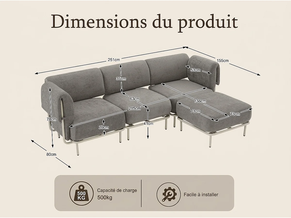 Canapé d'Angle Modulable 4 Places en Chenille Gris 251x155x78cm - LVHOM - Canapé L-Forme avec Pouf, Pieds Métal Réglables pour Salon