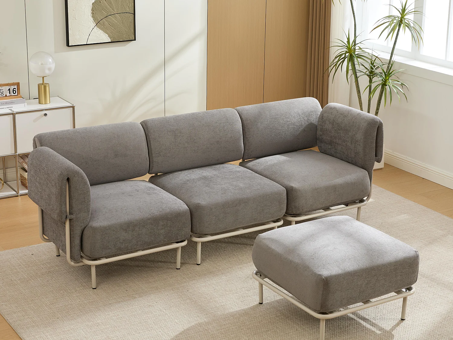 Canapé d'Angle Modulable 4 Places en Chenille Gris 251x155x78cm - LVHOM - Canapé L-Forme avec Pouf, Pieds Métal Réglables pour Salon