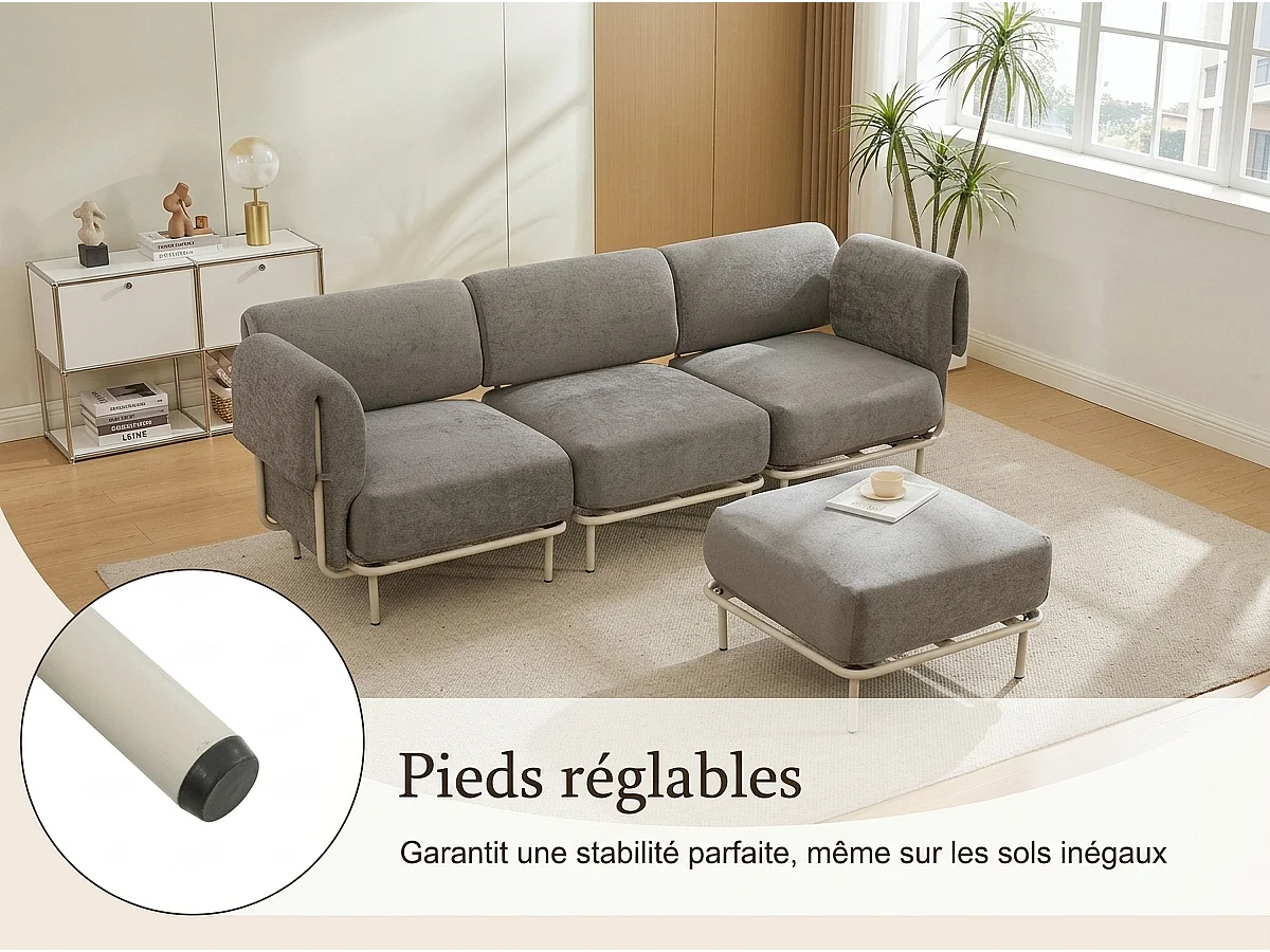 Canapé d'Angle Modulable 4 Places en Chenille Gris 251x155x78cm - LVHOM - Canapé L-Forme avec Pouf, Pieds Métal Réglables pour Salon