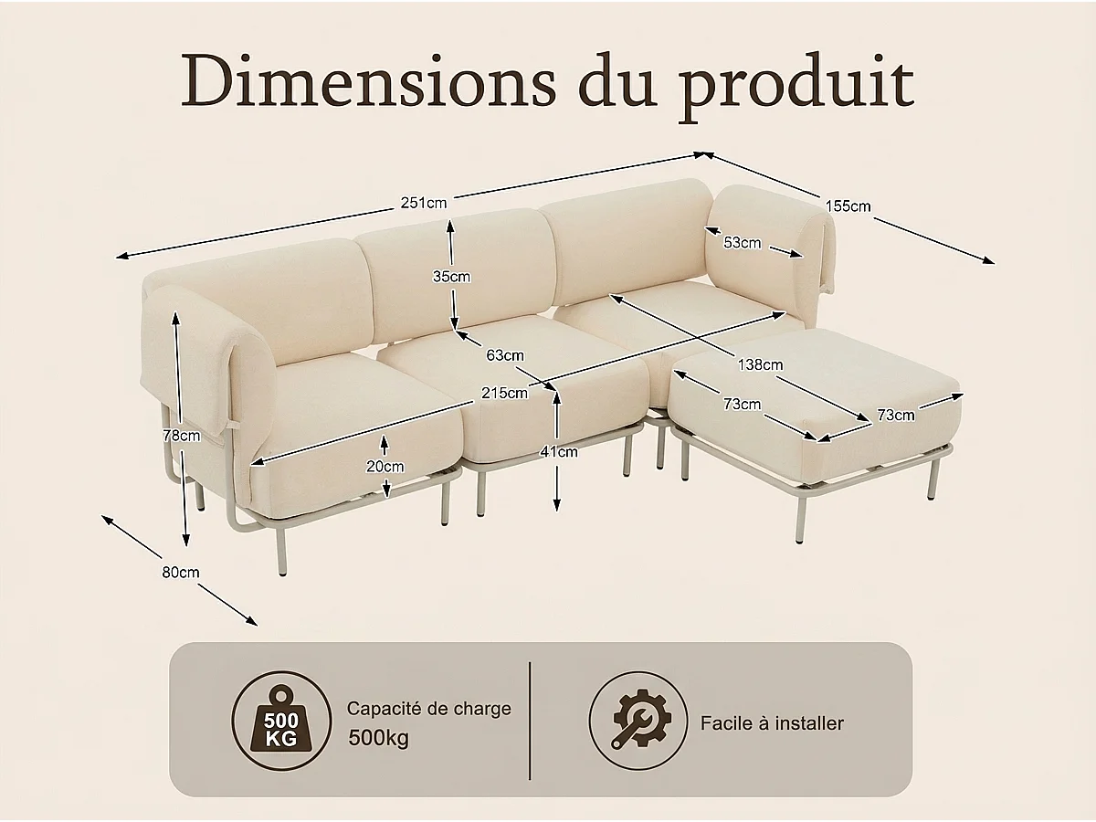 Canapé d'Angle Modulable 4 Places en Chenille Gris 251x155x78cm - LVHOM - Canapé L-Forme avec Pouf, Pieds Métal Réglables pour Salon