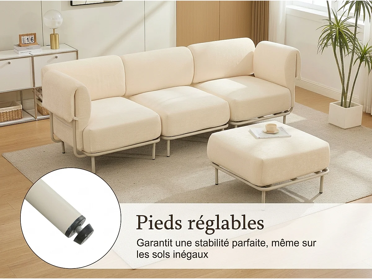 Canapé d'Angle Modulable 4 Places en Chenille Gris 251x155x78cm - LVHOM - Canapé L-Forme avec Pouf, Pieds Métal Réglables pour Salon
