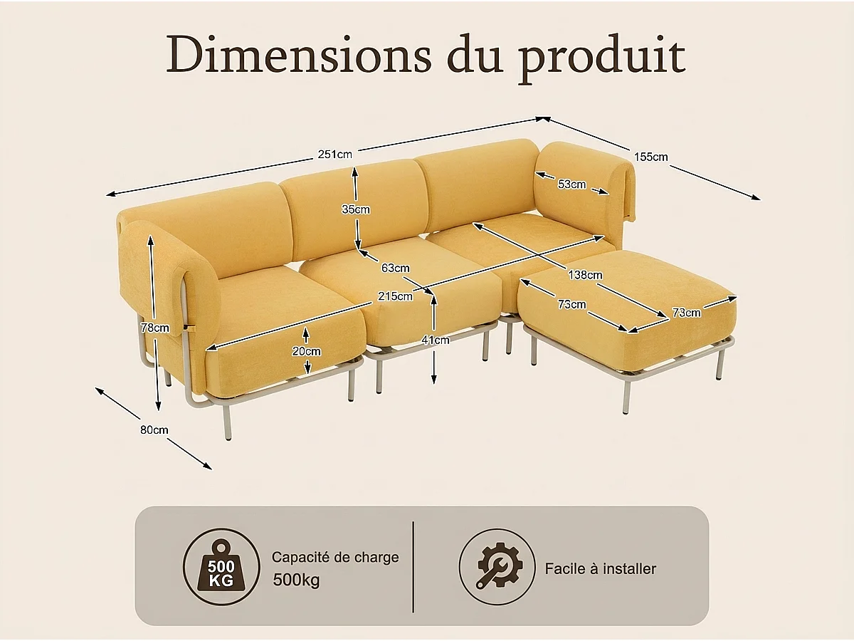 Canapé d'Angle Modulable 4 Places en Chenille Gris 251x155x78cm - LVHOM - Canapé L-Forme avec Pouf, Pieds Métal Réglables pour Salon