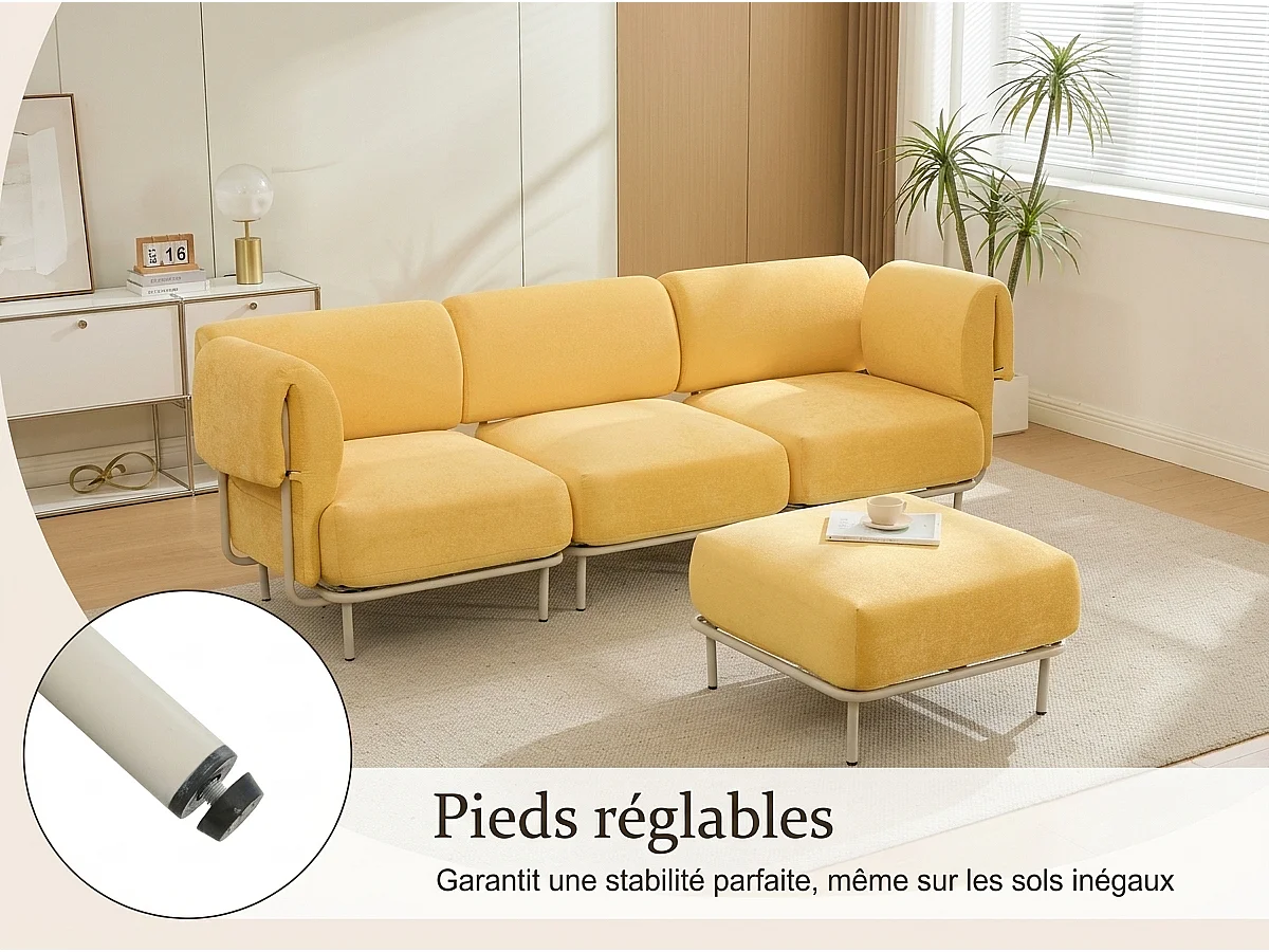 Canapé d'Angle Modulable 4 Places en Chenille Gris 251x155x78cm - LVHOM - Canapé L-Forme avec Pouf, Pieds Métal Réglables pour Salon