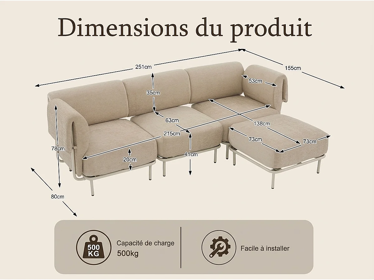 Modulaire Hoekbank 4-Zits van Ribfluweel/Chenille 251x155x78cm - LVHOM - L-Vormige Bank met Pouf, Verstelbare Metalen Poten voor Woonkamer