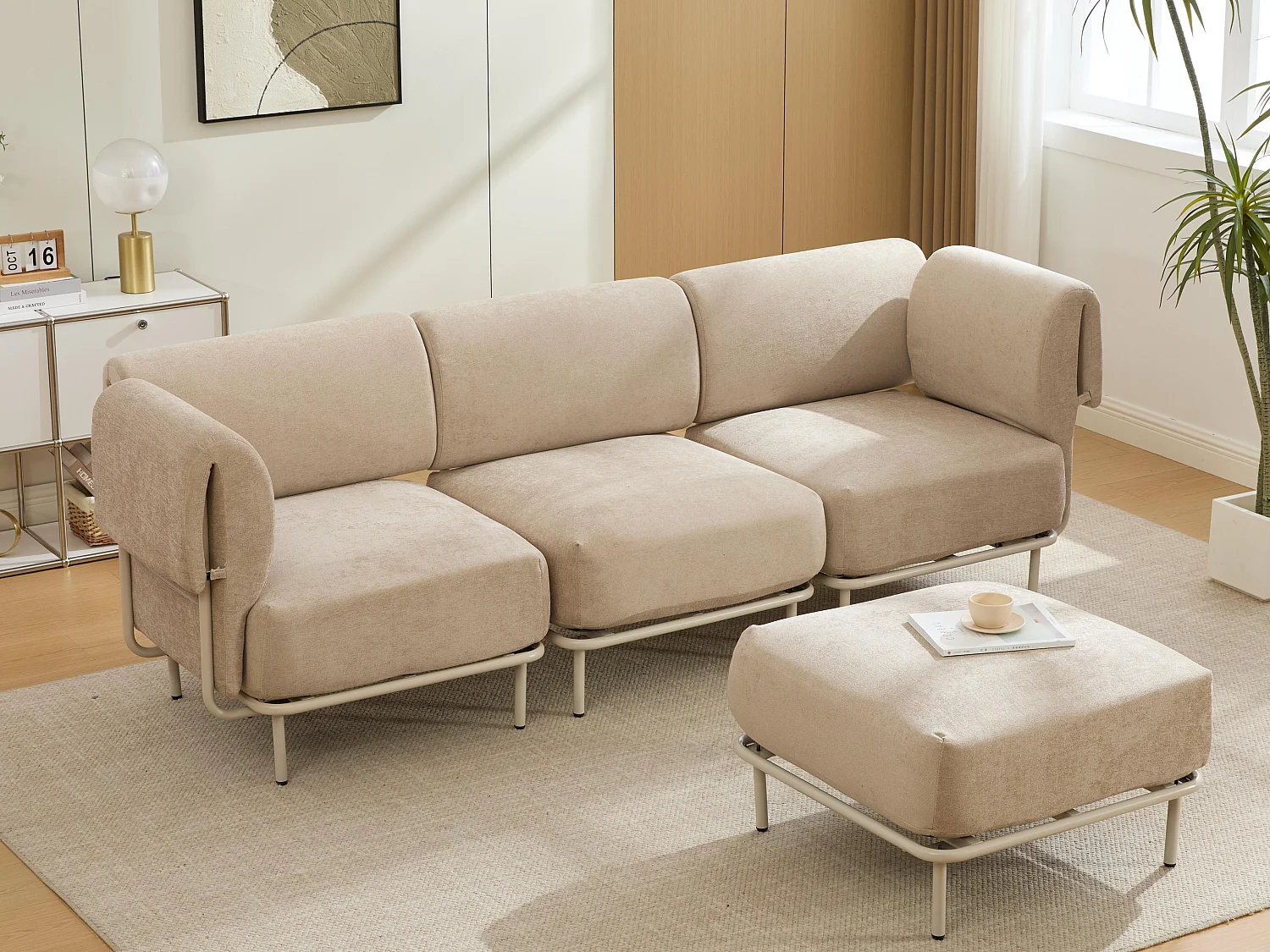 Modulaire Hoekbank 4-Zits van Ribfluweel/Chenille 251x155x78cm - LVHOM - L-Vormige Bank met Pouf, Verstelbare Metalen Poten voor Woonkamer