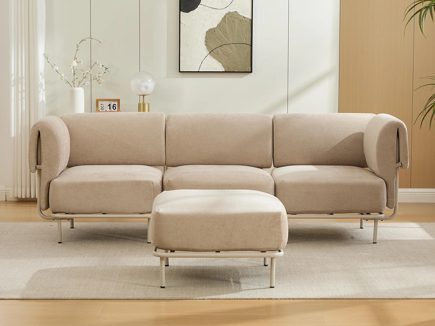 Modulaire Hoekbank 4-Zits van Ribfluweel/Chenille 251x155x78cm - LVHOM - L-Vormige Bank met Pouf, Verstelbare Metalen Poten voor Woonkamer