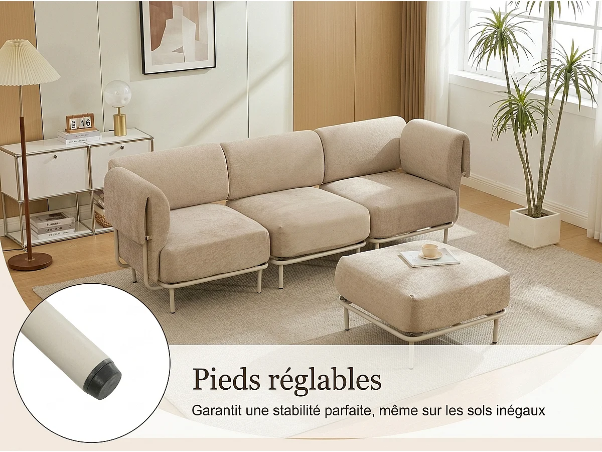 Modulaire Hoekbank 4-Zits van Ribfluweel/Chenille 251x155x78cm - LVHOM - L-Vormige Bank met Pouf, Verstelbare Metalen Poten voor Woonkamer