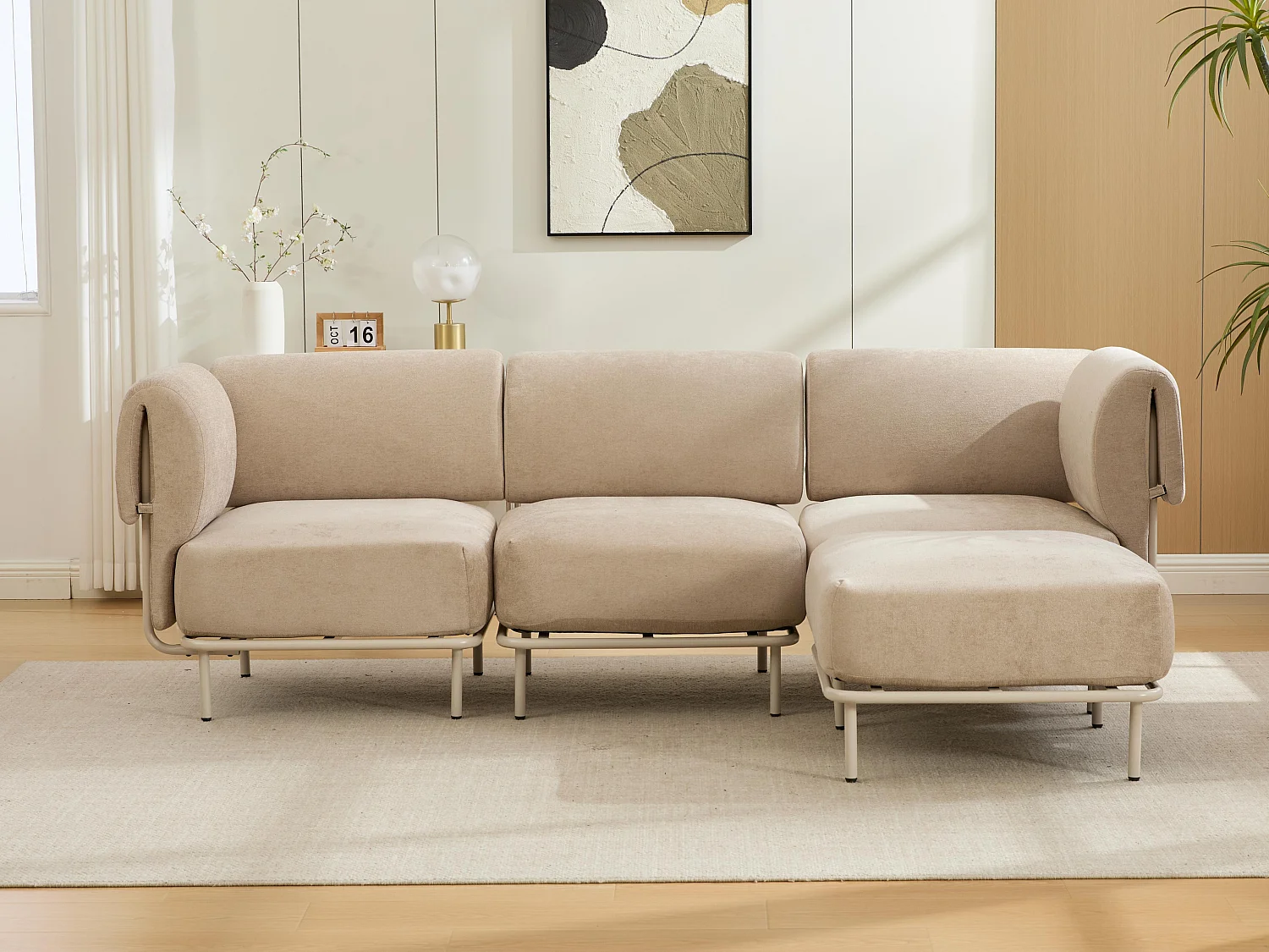 Modulaire Hoekbank 4-Zits van Ribfluweel/Chenille 251x155x78cm - LVHOM - L-Vormige Bank met Pouf, Verstelbare Metalen Poten voor Woonkamer