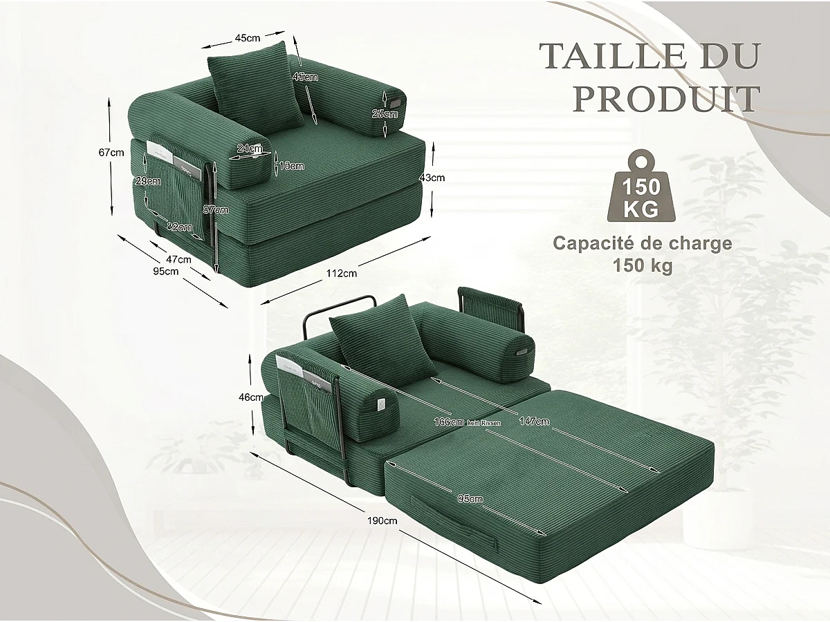 Opvouwbare Slaapfauteuil van Ribfluweel met Kussen, LVHOM Modulaire Vouwbank zonder Montage voor Woonkamer, Slaapkamer en Balkon - 112x95x67cm