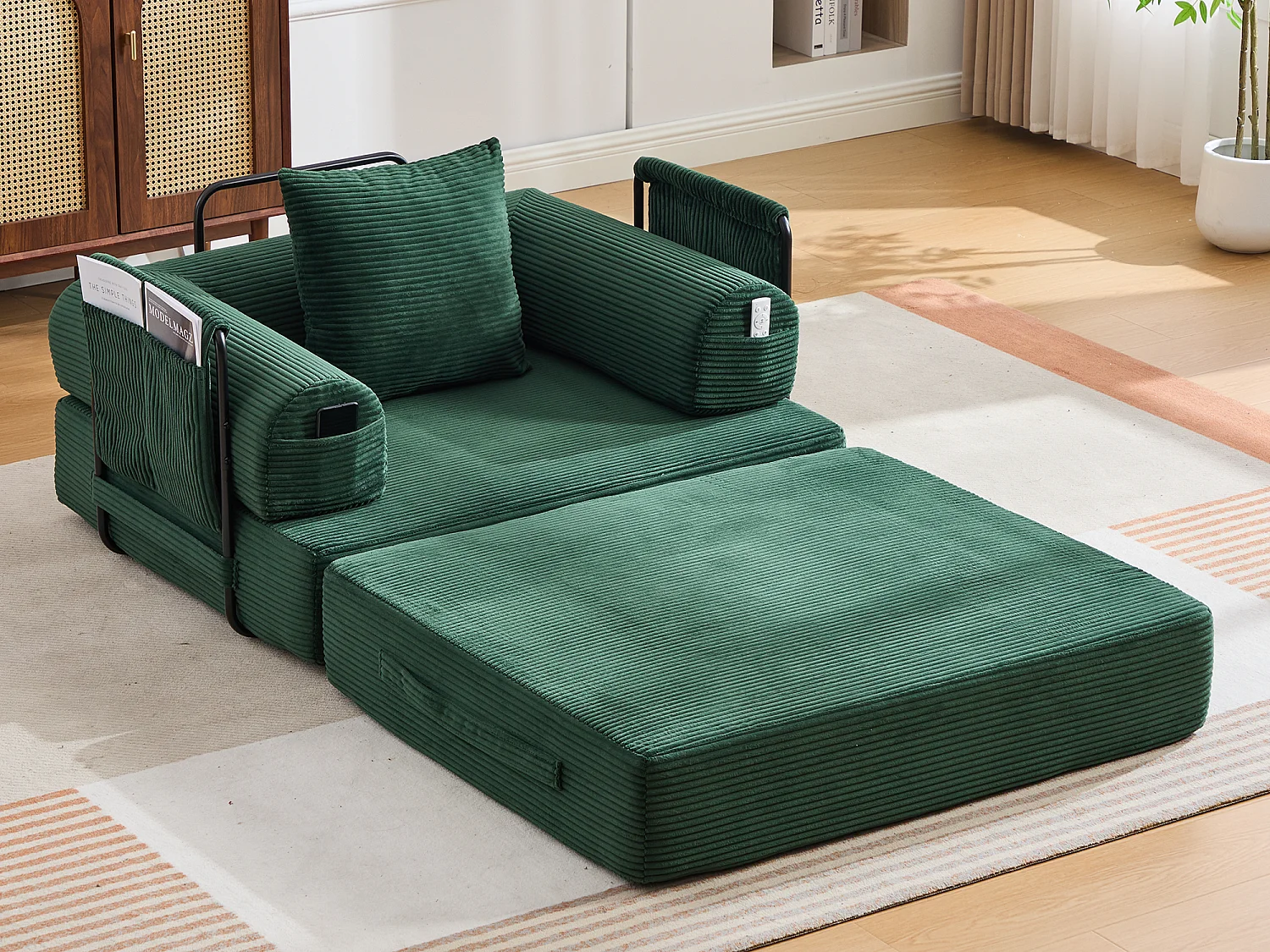 Opvouwbare Slaapfauteuil van Ribfluweel met Kussen, LVHOM Modulaire Vouwbank zonder Montage voor Woonkamer, Slaapkamer en Balkon - 112x95x67cm