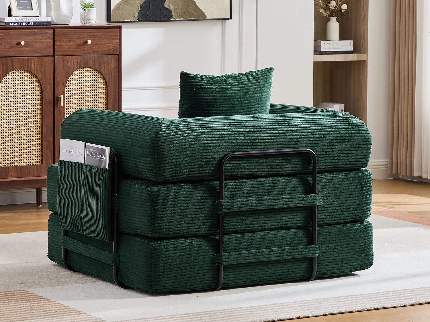 Opvouwbare Slaapfauteuil van Ribfluweel met Kussen, LVHOM Modulaire Vouwbank zonder Montage voor Woonkamer, Slaapkamer en Balkon - 112x95x67cm