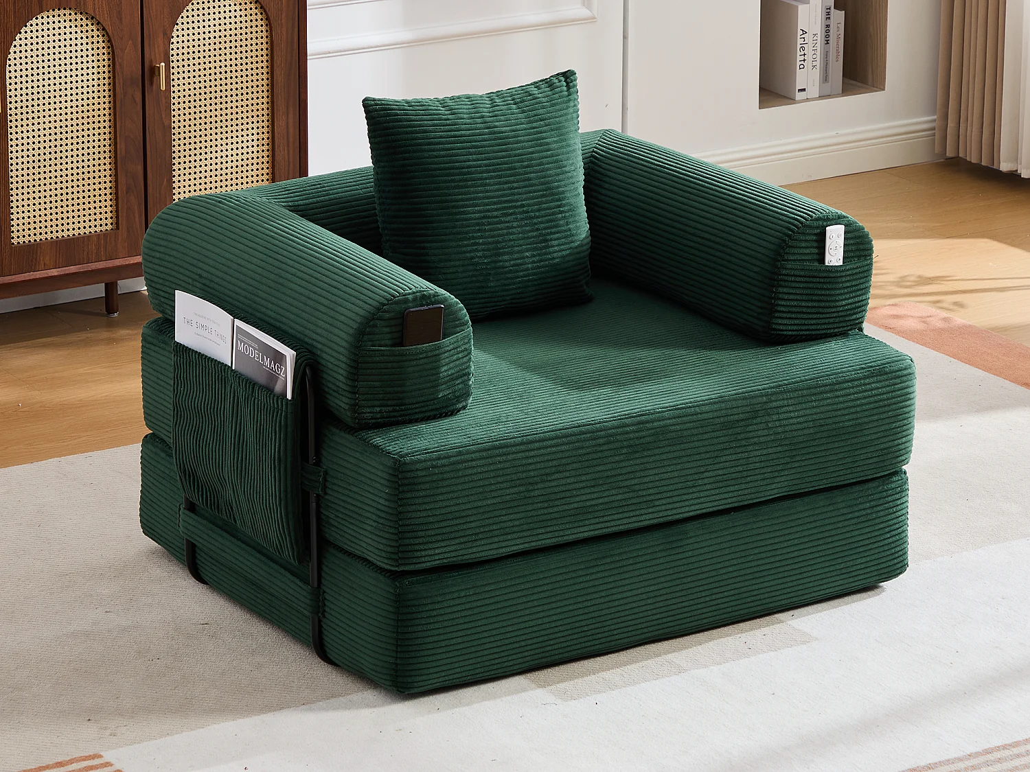Opvouwbare Slaapfauteuil van Ribfluweel met Kussen, LVHOM Modulaire Vouwbank zonder Montage voor Woonkamer, Slaapkamer en Balkon - 112x95x67cm