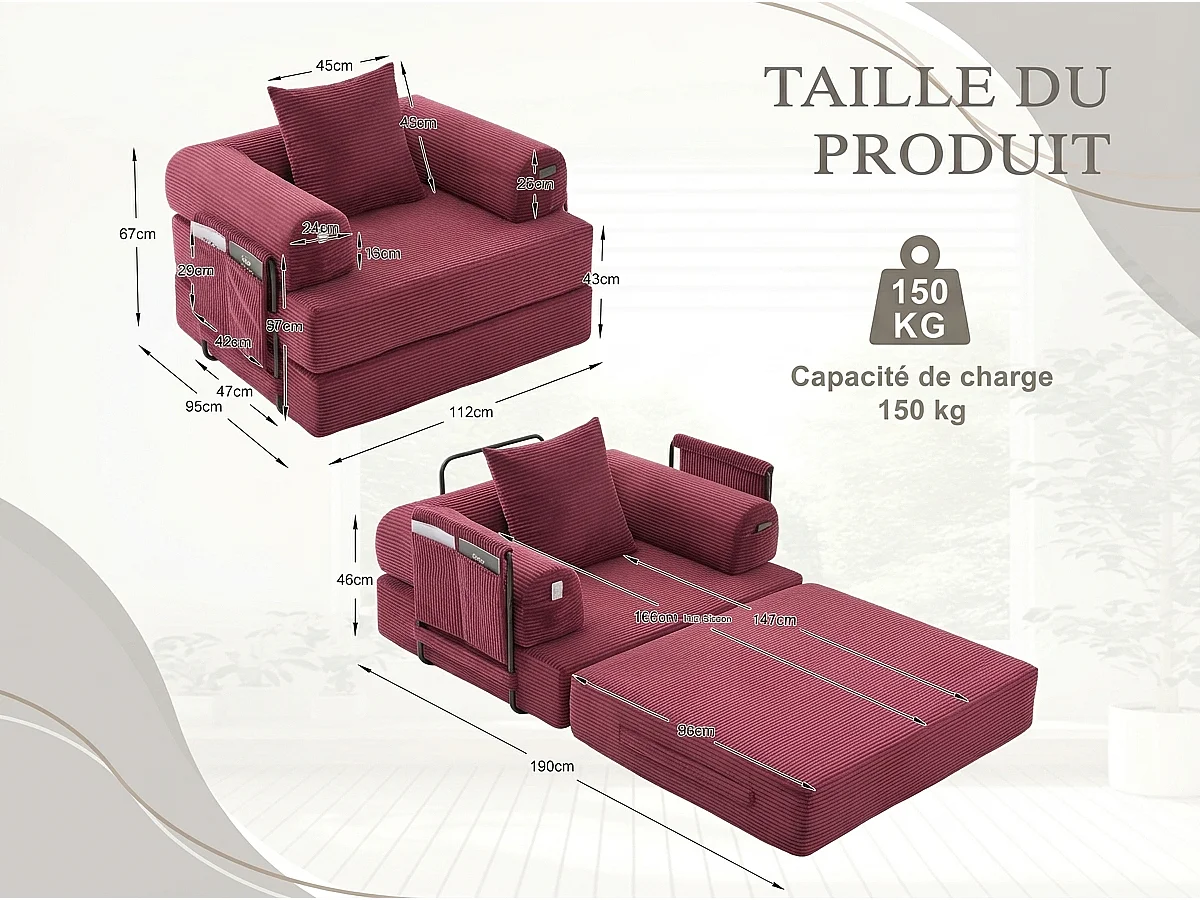 Chauffeuse Convertible en Velours Côtelé avec Coussin, LVHOM Canapé Modulable Pliable sans Montage pour Salon, Chambre et Balcon - 112x95x67cm