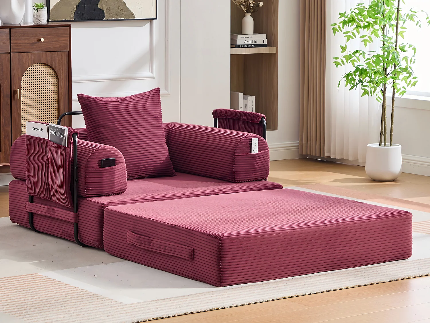 Chauffeuse Convertible en Velours Côtelé avec Coussin, LVHOM Canapé Modulable Pliable sans Montage pour Salon, Chambre et Balcon - 112x95x67cm