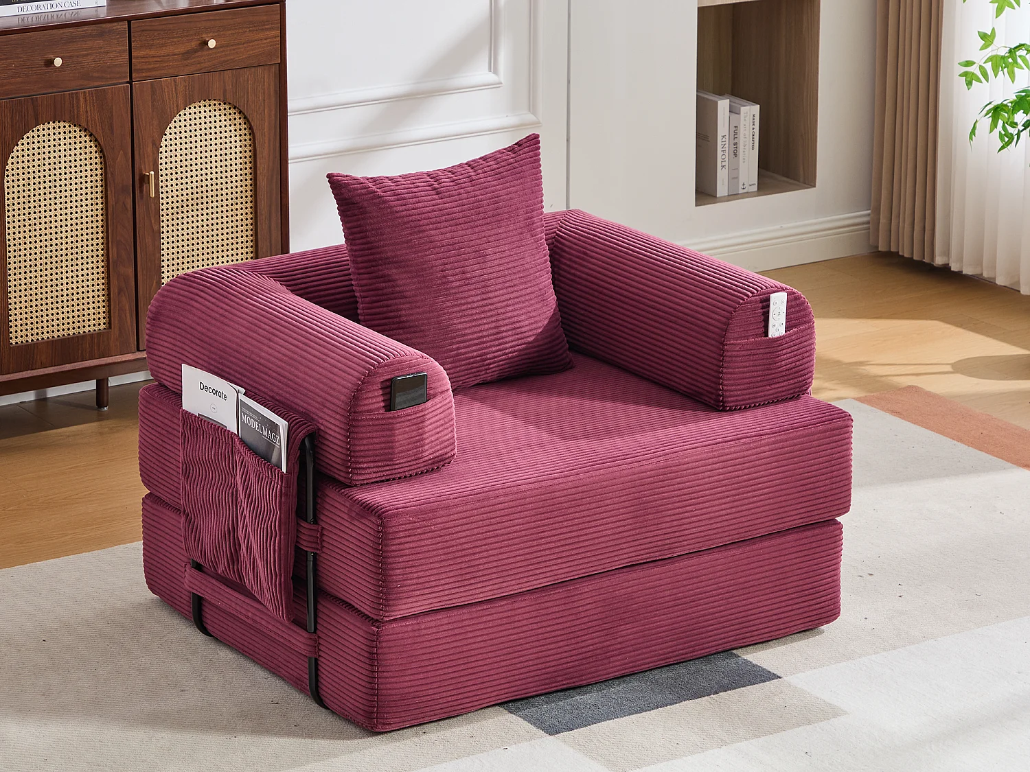 Chauffeuse Convertible en Velours Côtelé avec Coussin, LVHOM Canapé Modulable Pliable sans Montage pour Salon, Chambre et Balcon - 112x95x67cm