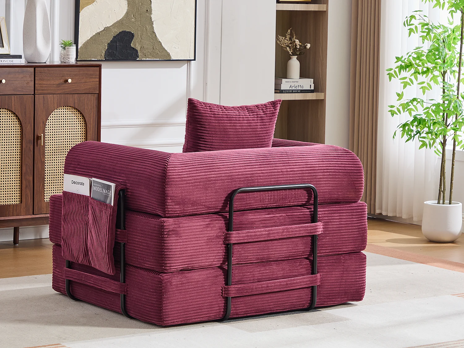 Chauffeuse Convertible en Velours Côtelé avec Coussin, LVHOM Canapé Modulable Pliable sans Montage pour Salon, Chambre et Balcon - 112x95x67cm