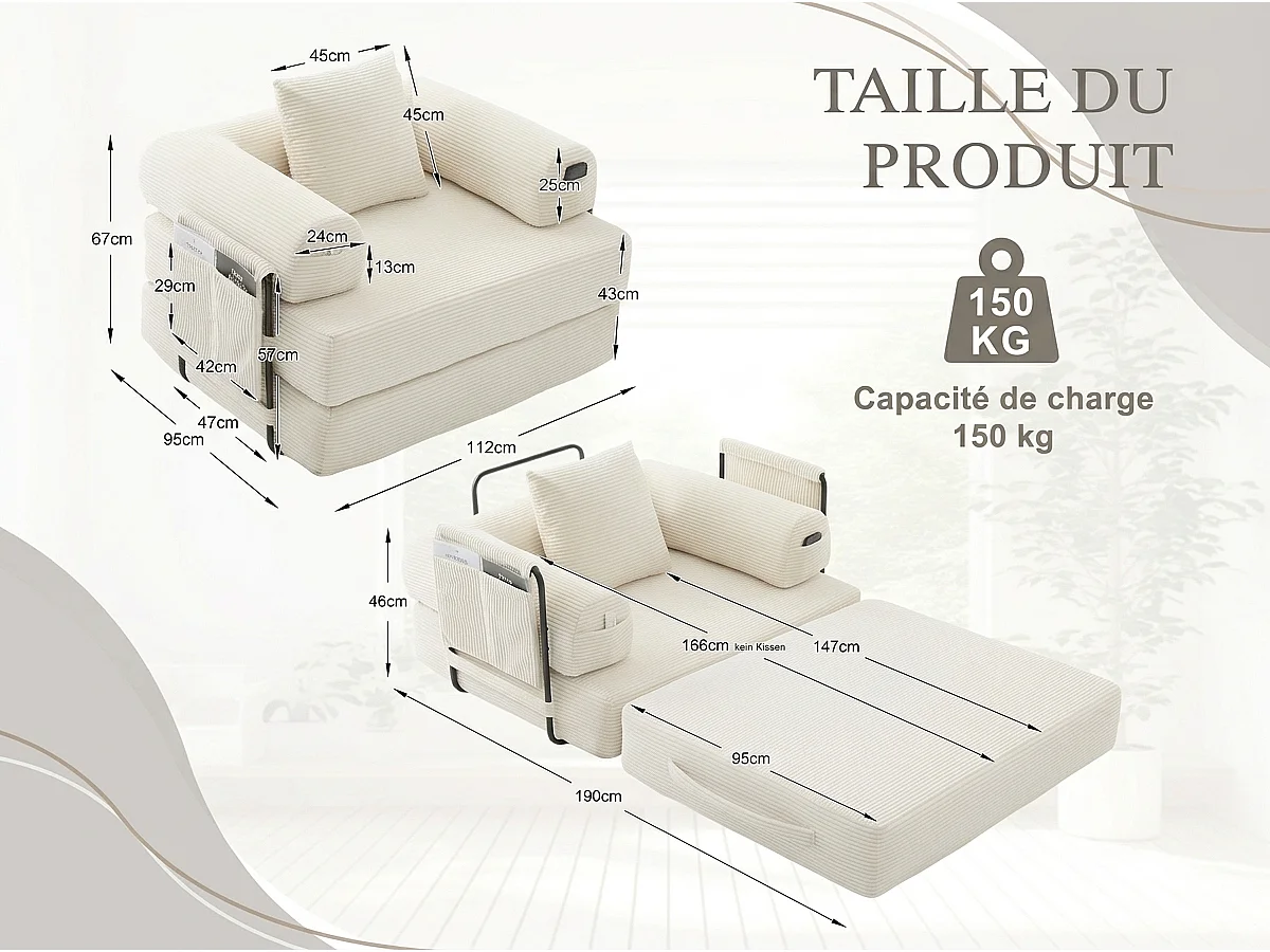 Chauffeuse Convertible en Velours Côtelé avec Coussin, LVHOM Canapé Modulable Pliable sans Montage pour Salon, Chambre et Balcon - 112x95x67cm