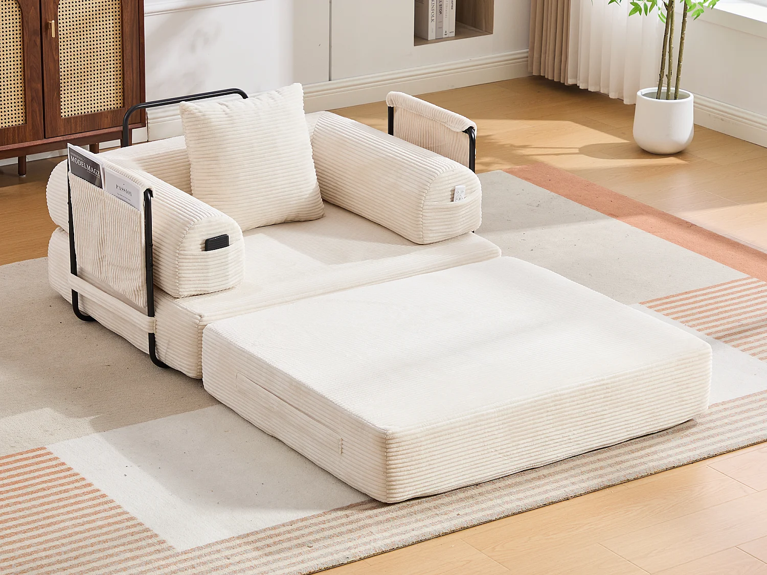 Chauffeuse Convertible en Velours Côtelé avec Coussin, LVHOM Canapé Modulable Pliable sans Montage pour Salon, Chambre et Balcon - 112x95x67cm