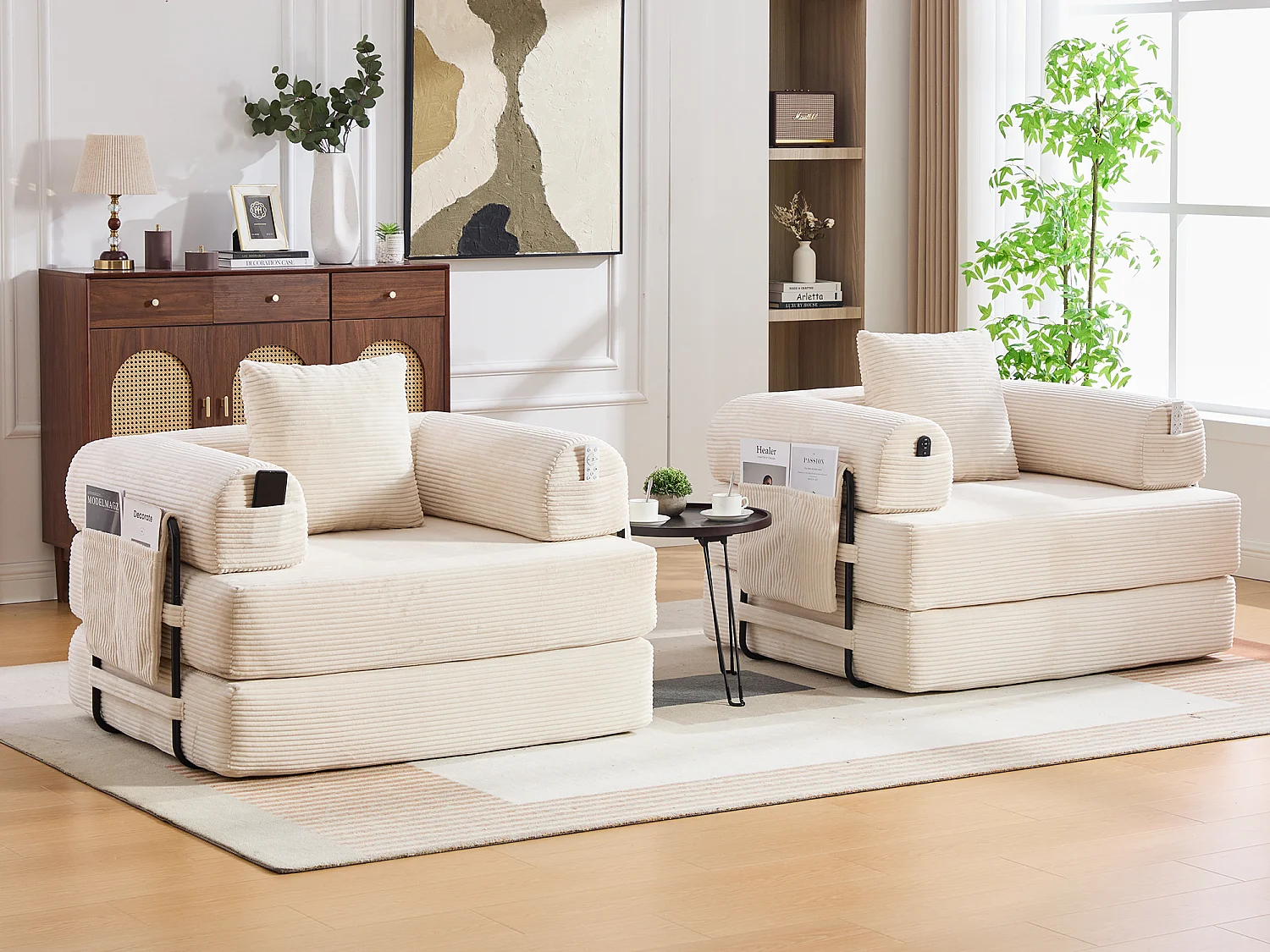 Chauffeuse Convertible en Velours Côtelé avec Coussin, LVHOM Canapé Modulable Pliable sans Montage pour Salon, Chambre et Balcon - 112x95x67cm