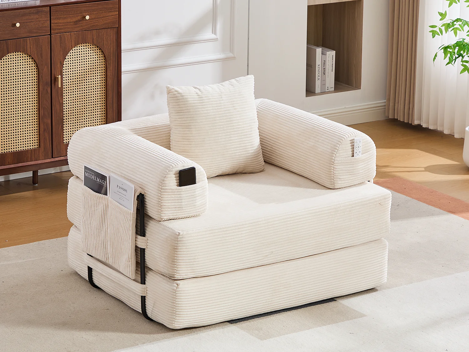 Chauffeuse Convertible en Velours Côtelé avec Coussin, LVHOM Canapé Modulable Pliable sans Montage pour Salon, Chambre et Balcon - 112x95x67cm