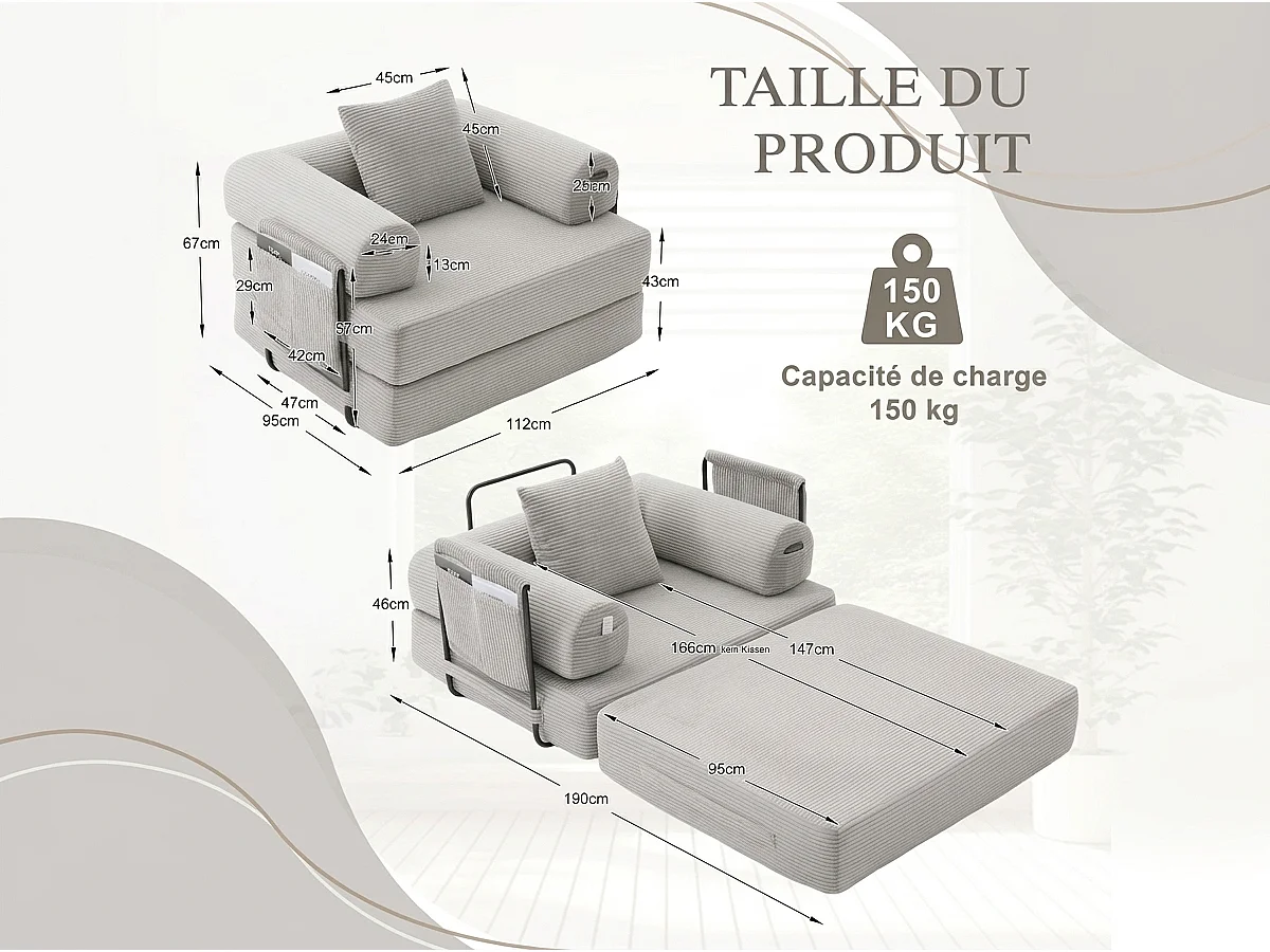 Opvouwbare Slaapfauteuil van Ribfluweel met Kussen, LVHOM Modulaire Vouwbank zonder Montage voor Woonkamer, Slaapkamer en Balkon - 112x95x67cm