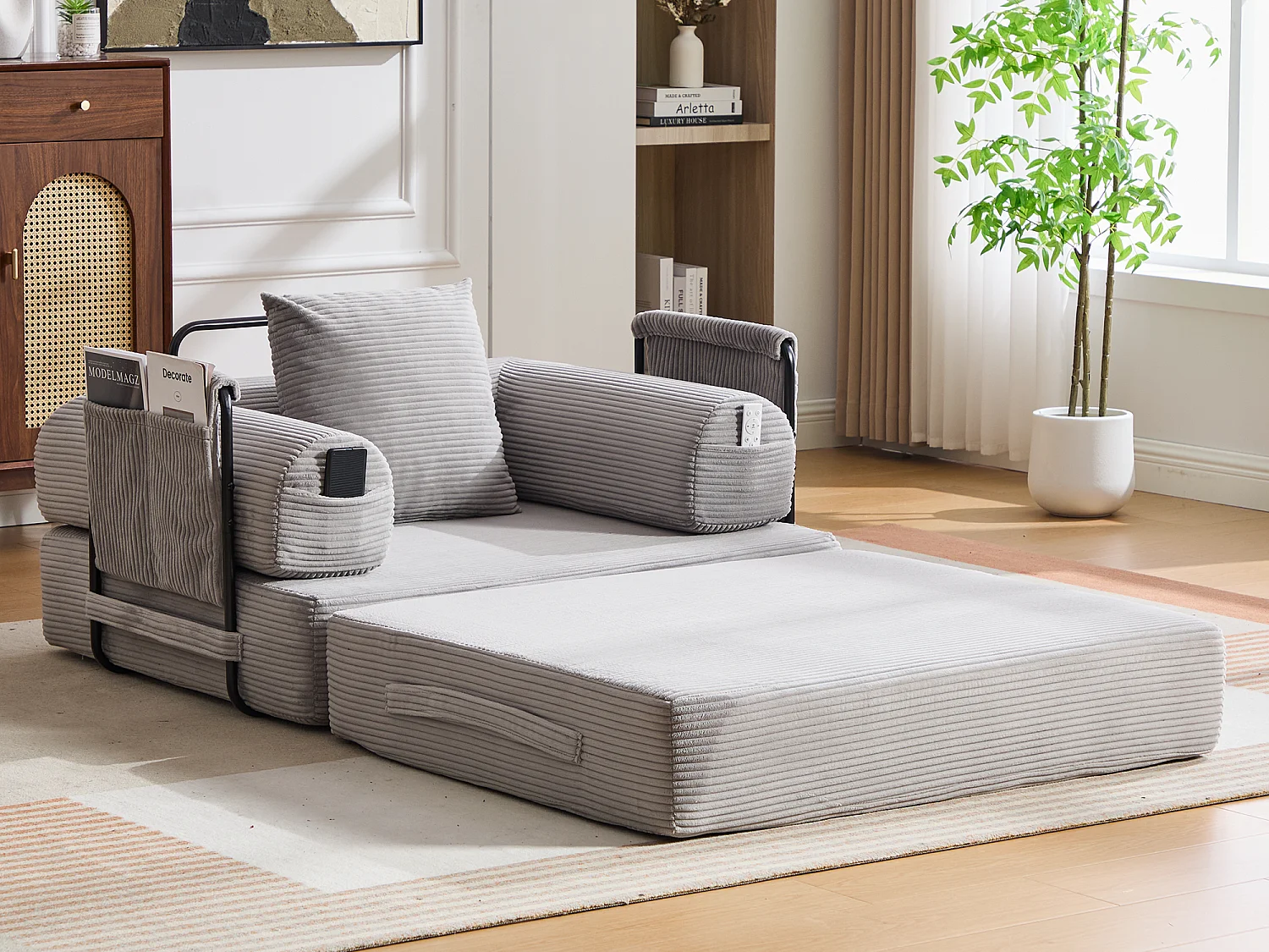 Opvouwbare Slaapfauteuil van Ribfluweel met Kussen, LVHOM Modulaire Vouwbank zonder Montage voor Woonkamer, Slaapkamer en Balkon - 112x95x67cm