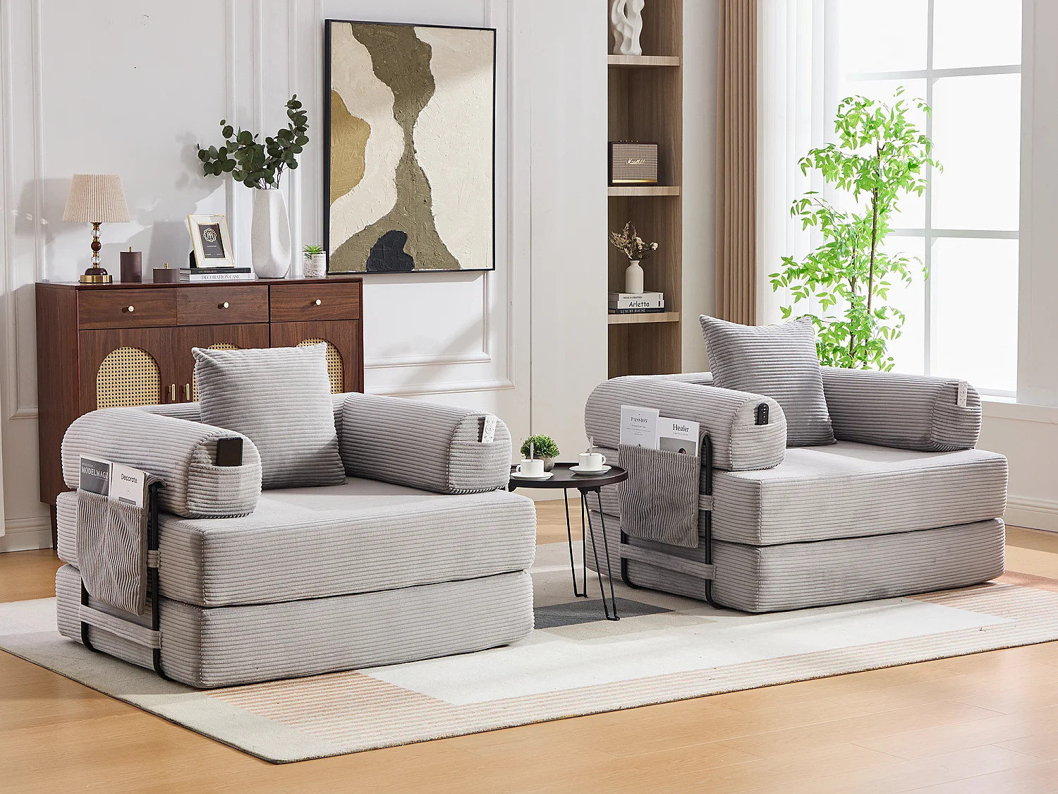 Opvouwbare Slaapfauteuil van Ribfluweel met Kussen, LVHOM Modulaire Vouwbank zonder Montage voor Woonkamer, Slaapkamer en Balkon - 112x95x67cm
