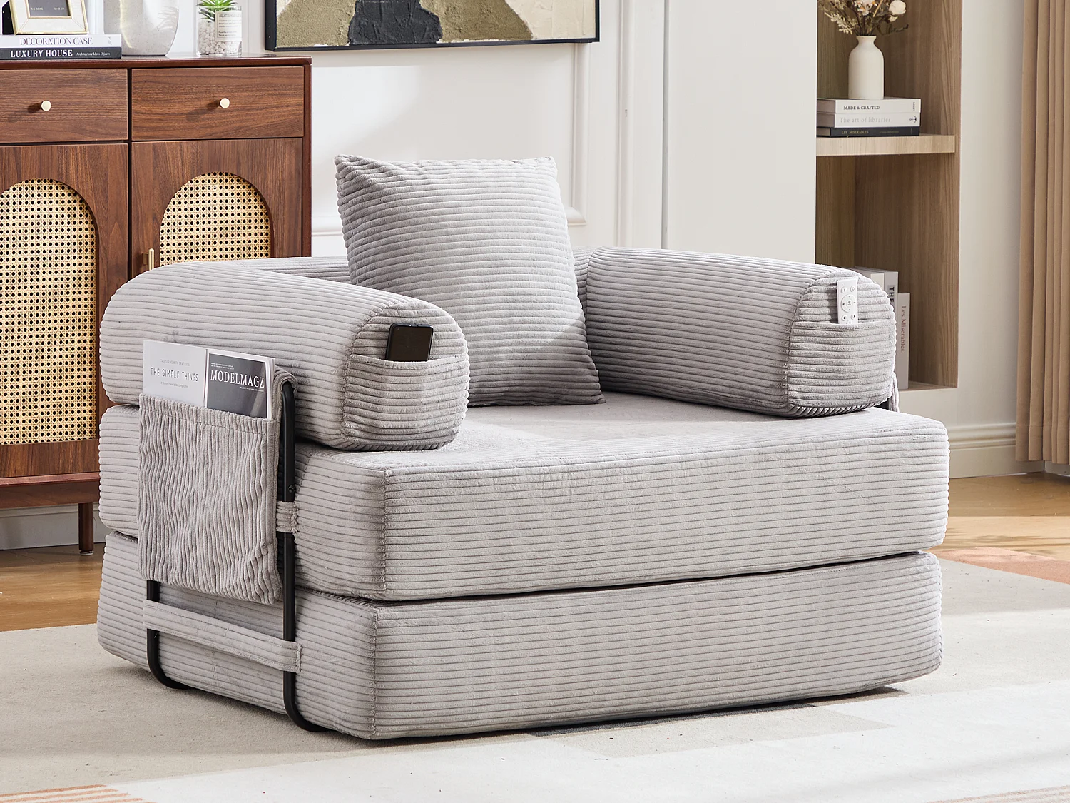 Opvouwbare Slaapfauteuil van Ribfluweel met Kussen, LVHOM Modulaire Vouwbank zonder Montage voor Woonkamer, Slaapkamer en Balkon - 112x95x67cm