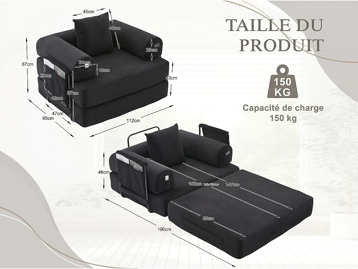 Chauffeuse Convertible en Velours Côtelé avec Coussin, LVHOM Canapé Modulable Pliable sans Montage pour Salon, Chambre et Balcon - 112x95x67cm