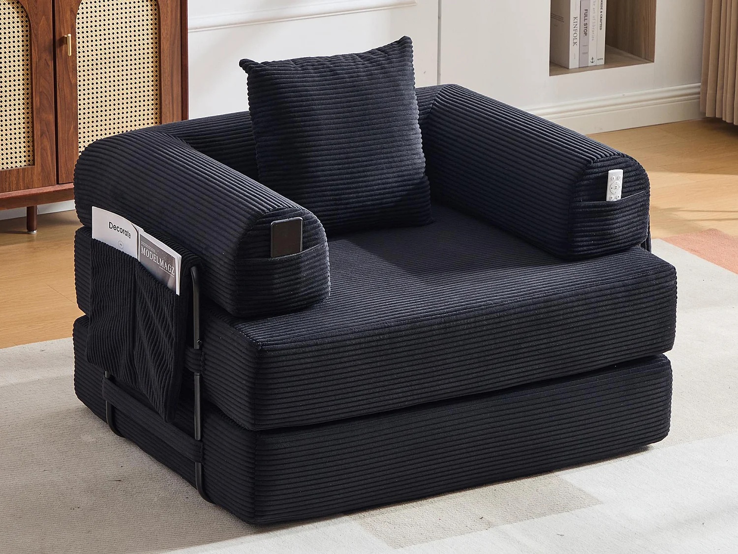 Chauffeuse Convertible en Velours Côtelé avec Coussin, LVHOM Canapé Modulable Pliable sans Montage pour Salon, Chambre et Balcon - 112x95x67cm
