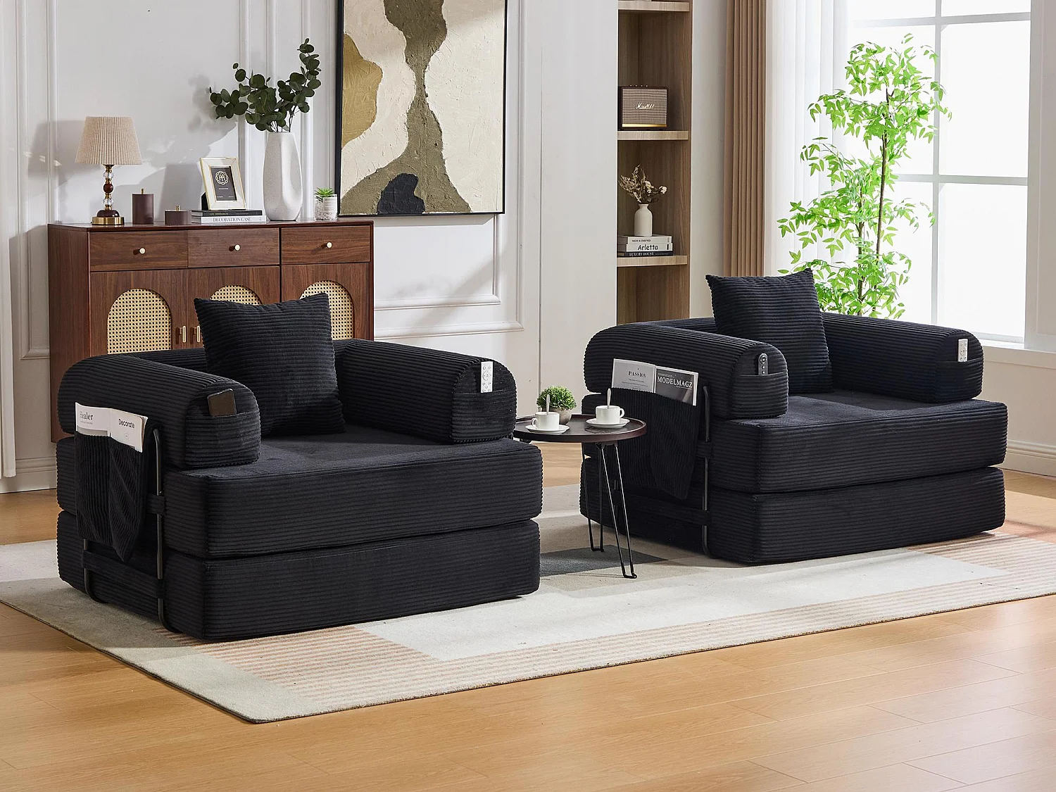 Chauffeuse Convertible en Velours Côtelé avec Coussin, LVHOM Canapé Modulable Pliable sans Montage pour Salon, Chambre et Balcon - 112x95x67cm