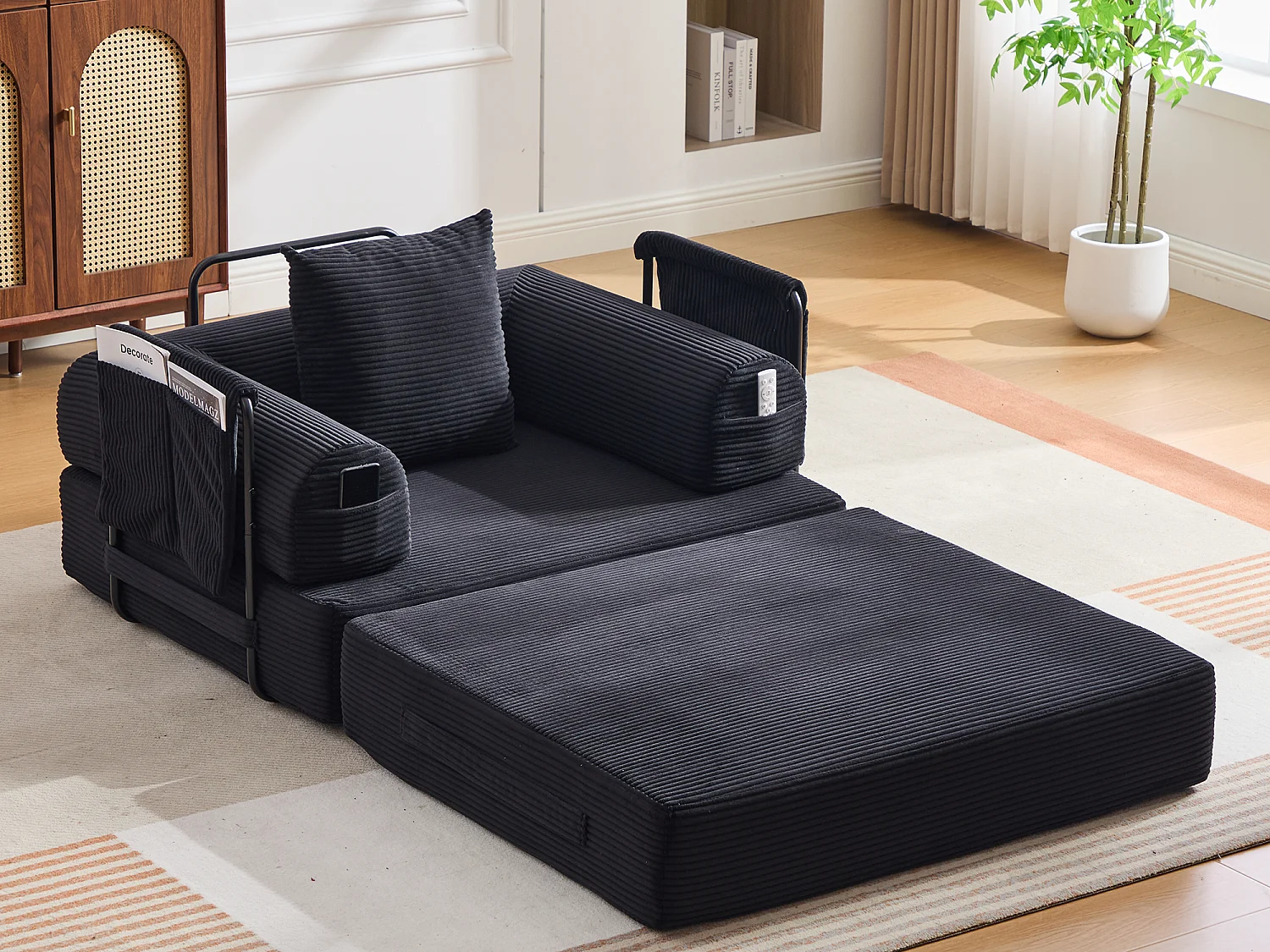 Chauffeuse Convertible en Velours Côtelé avec Coussin, LVHOM Canapé Modulable Pliable sans Montage pour Salon, Chambre et Balcon - 112x95x67cm