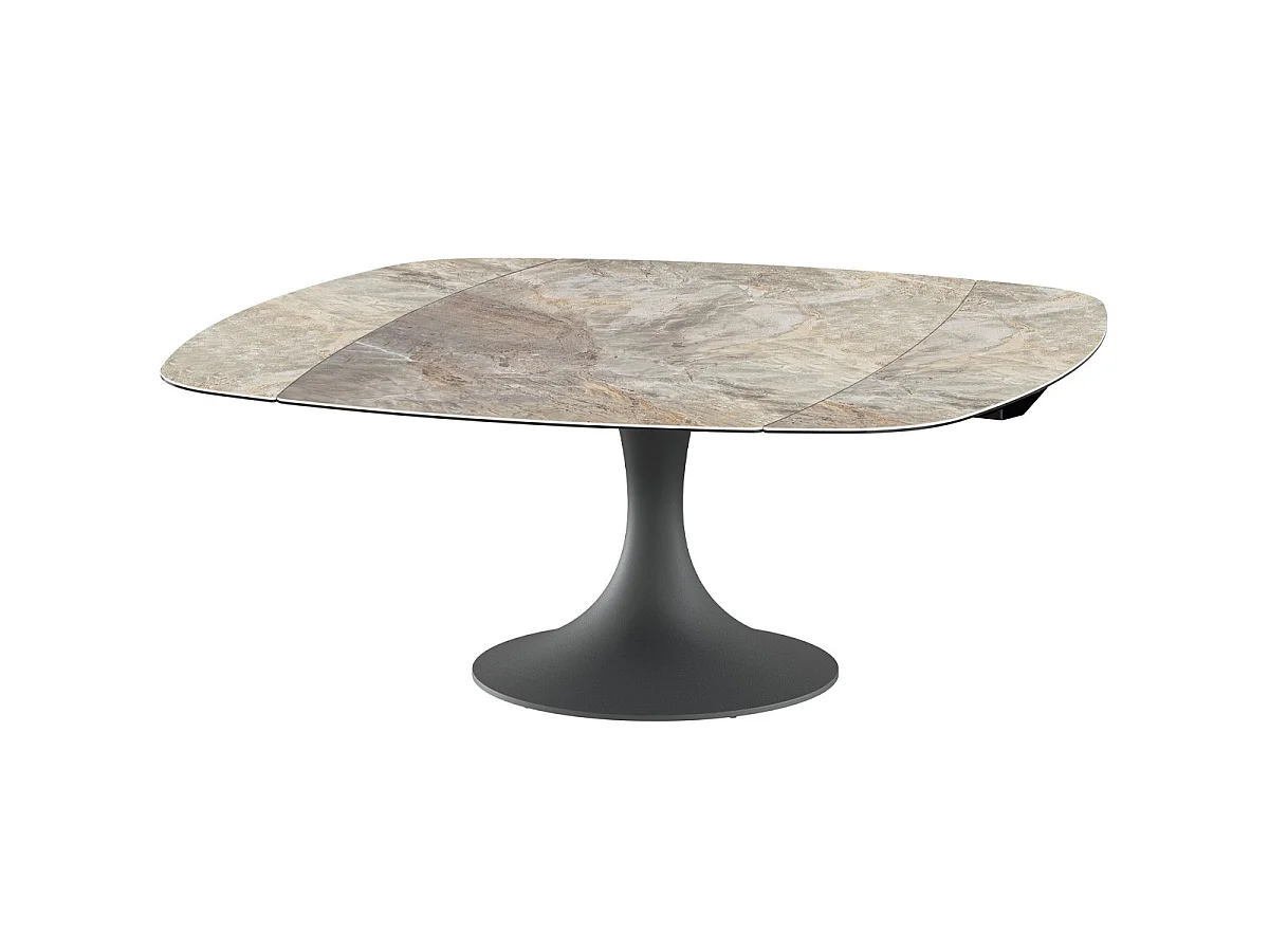 Table à manger extensible automatique 6/8 pers. en céramique effet Marbre taupe et piètement noir 115/190x190 cm - Sabbia