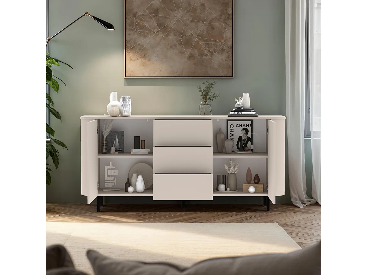 Buffet 2 portes et 3 tiroirs, bords arrondis cashmere L180,2 cm - BORA