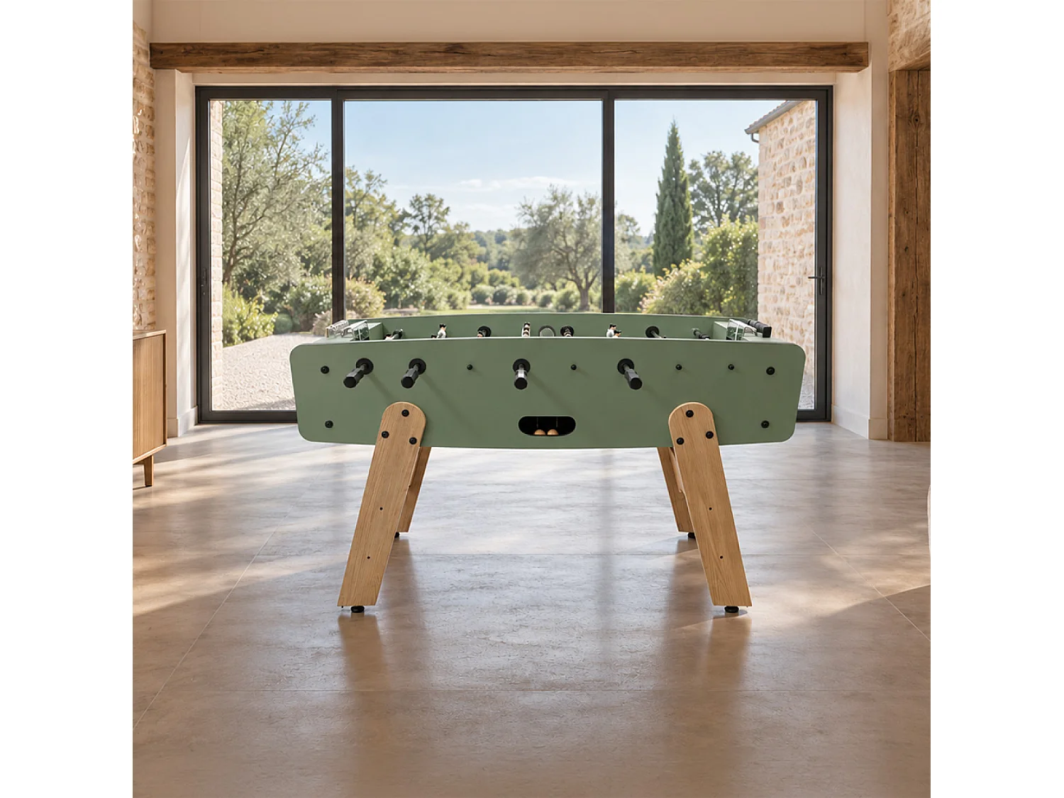 Babyfoot vert olive et effet bois avec barres télescopiques BRESIL