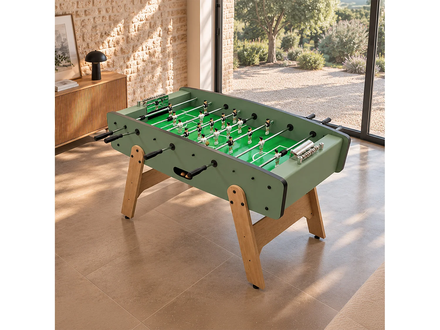 Babyfoot vert olive et effet bois avec barres télescopiques BRESIL