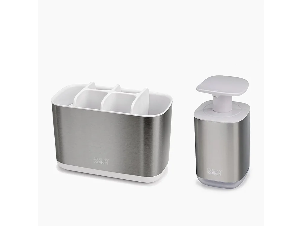 Joseph Joseph Bathroom Beauties Set van 2 stuks – Tandenborstelhouder en zeepdispenser, roestvrij staal, elegant en functioneel.