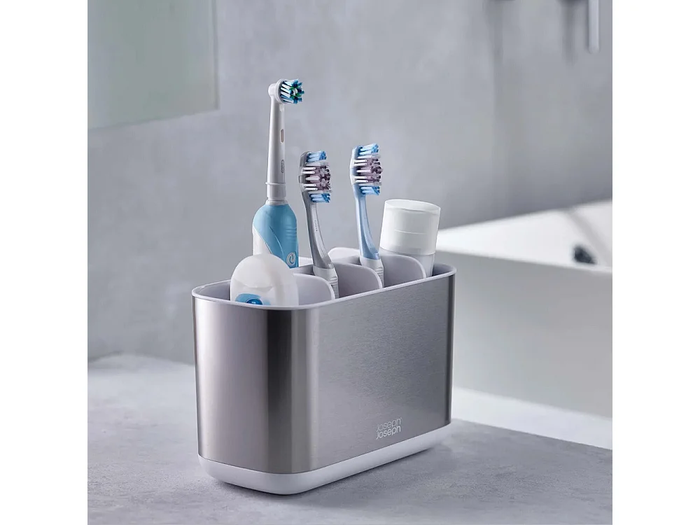 Joseph Joseph Bathroom Beauties Set van 2 stuks – Tandenborstelhouder en zeepdispenser, roestvrij staal, elegant en functioneel.