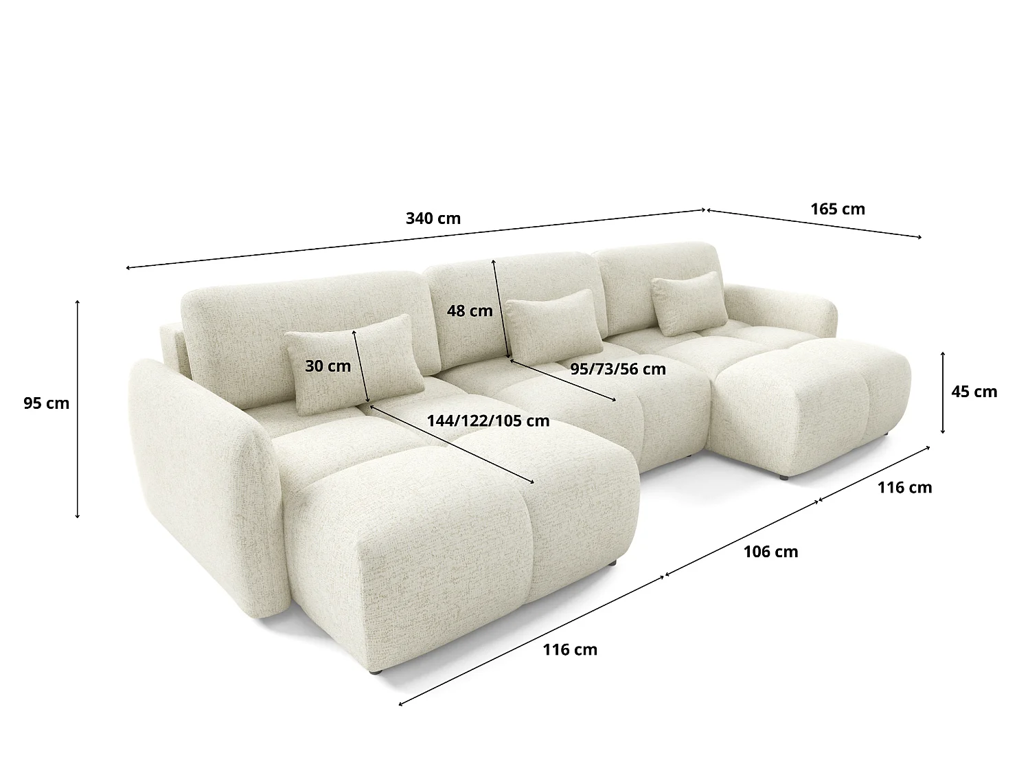 Canapé panoramique 5 places BUFFOLO U, tissu chiné, assises ultra moelleuses effet nuage, confort irrésistible crème