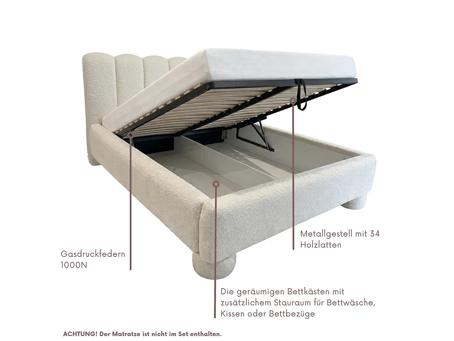 LIT REMBOURRÉ MONA 1 avec coffre de rangement et sommier à lattes SPACE PLUS ROBO-FRIENDLY 160x200-CORAL50 taupe