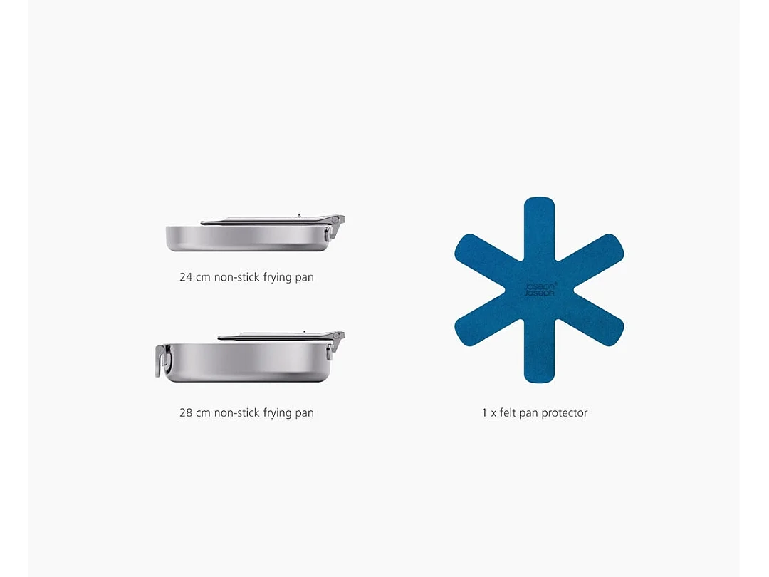 Conjunto de 2 frigideiras Joseph Joseph Space Steel em aço inox, antiaderente, com alças dobráveis e design que economiza espaço.