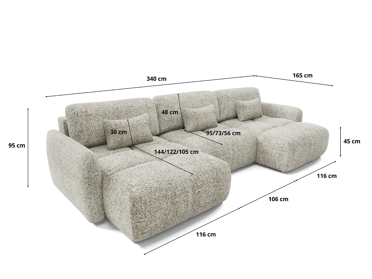 Canapé panoramique 5 places BUFFOLO U, tissu chiné, assises ultra moelleuses effet nuage, confort irrésistible beige