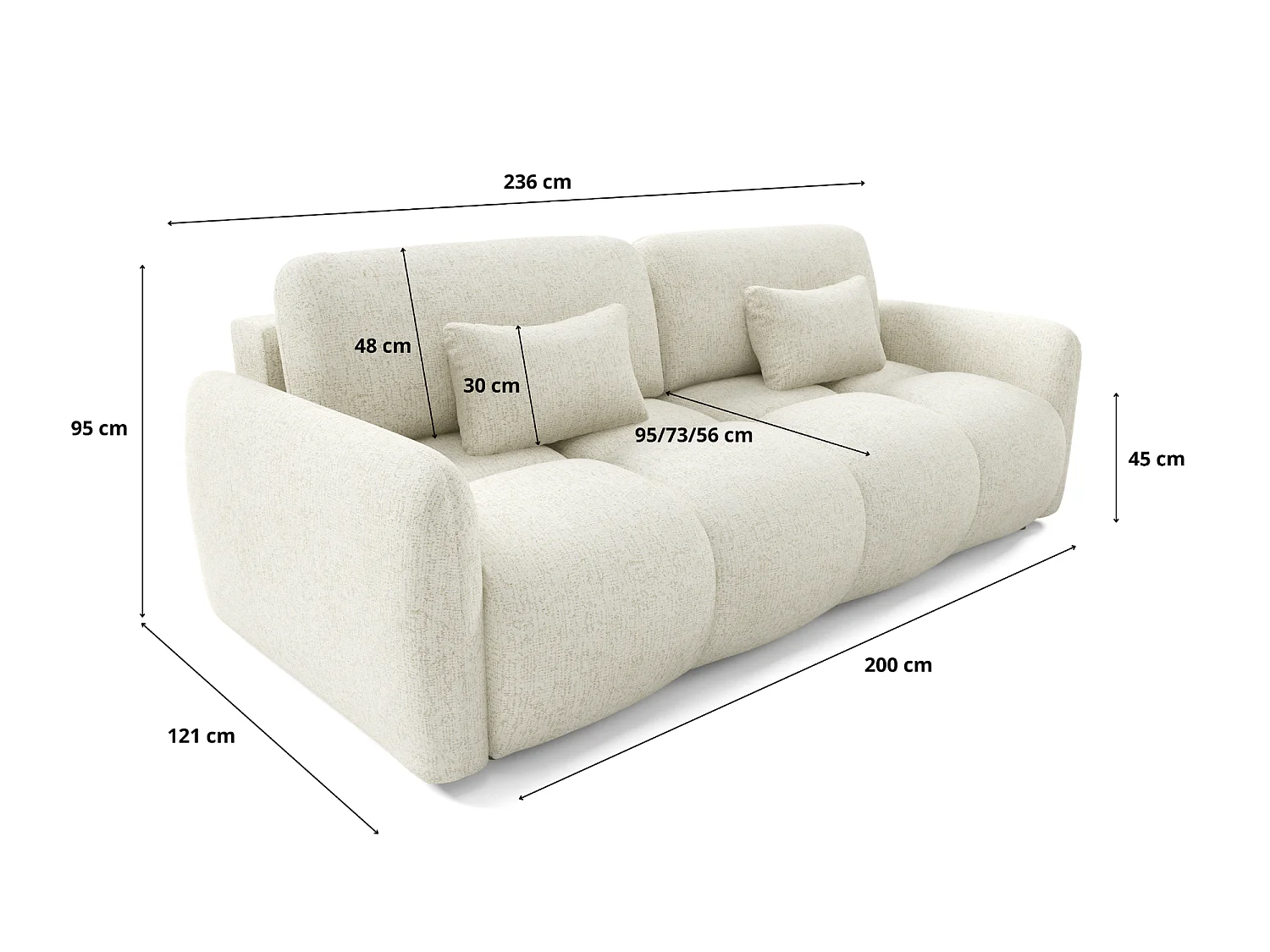 Canapé convertible 4 places SOFA BUFFOLO, tissu chiné, assises ultra moelleuses effet nuage, confort irrésistible crème