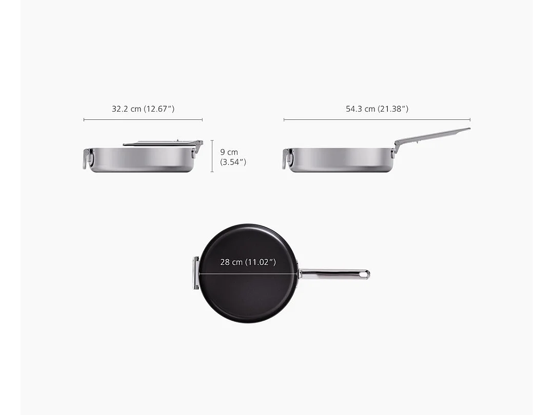 Frigideira Space Steel Joseph Joseph 28 cm em aço inox, antiaderente, com mango plegável, apta para indução.
