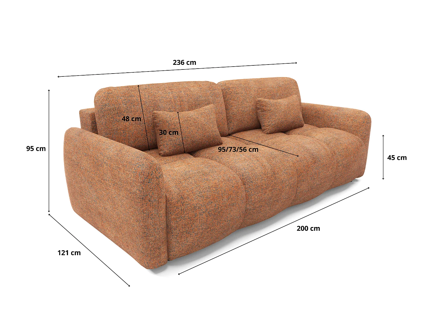 Divano letto 4 posti SOFA BUFFOLO, tessuto melange color rame, sedute morbidissime effetto nuvola, comfort irresistibile