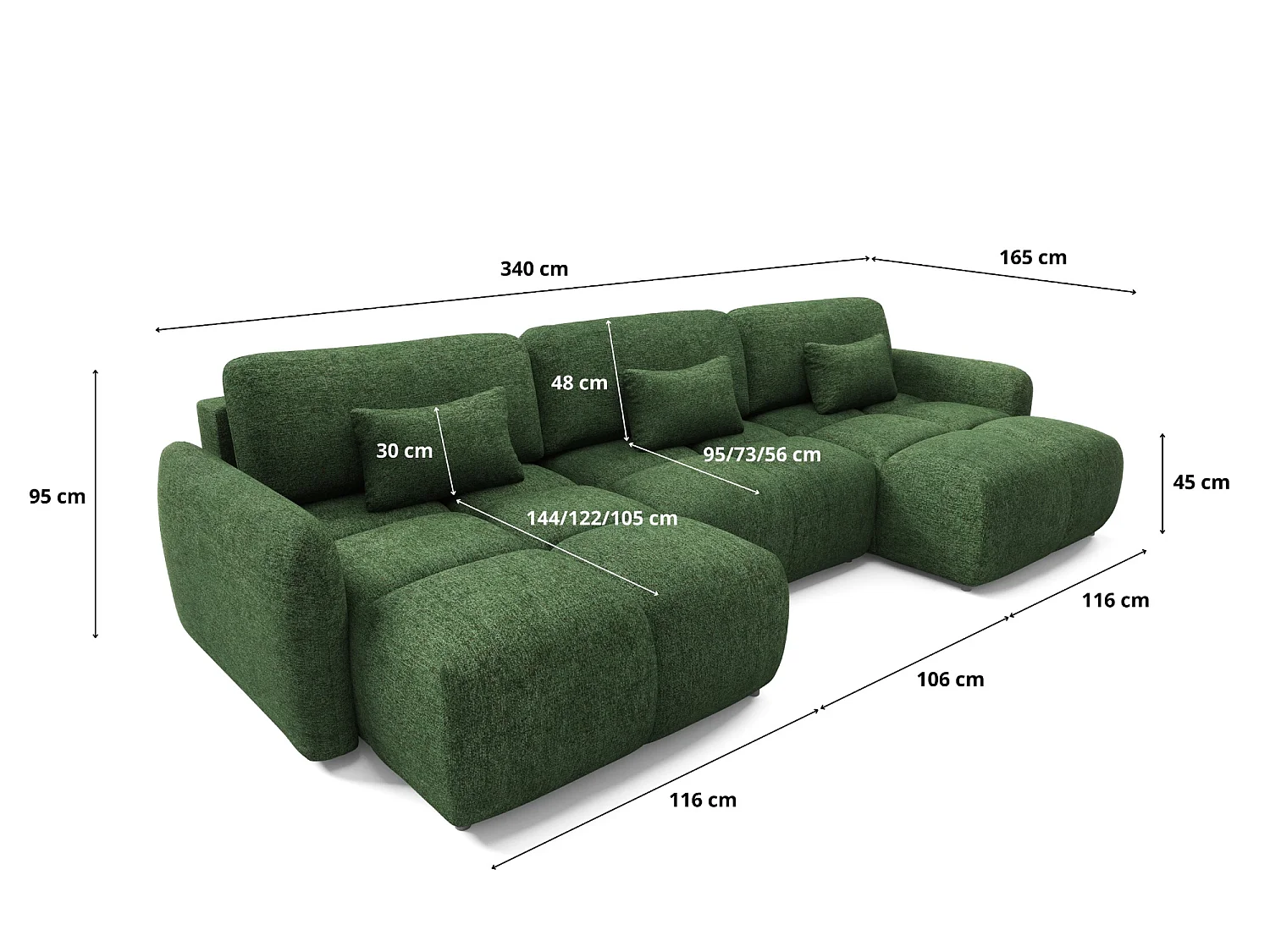 5-zits panoramische bank BUFFOLO U, gemêleerde stof, ultrazachte zitplaatsen met wolkachtig comfort, onweerstaanbaar zitcomfort, flesgroenkleurig